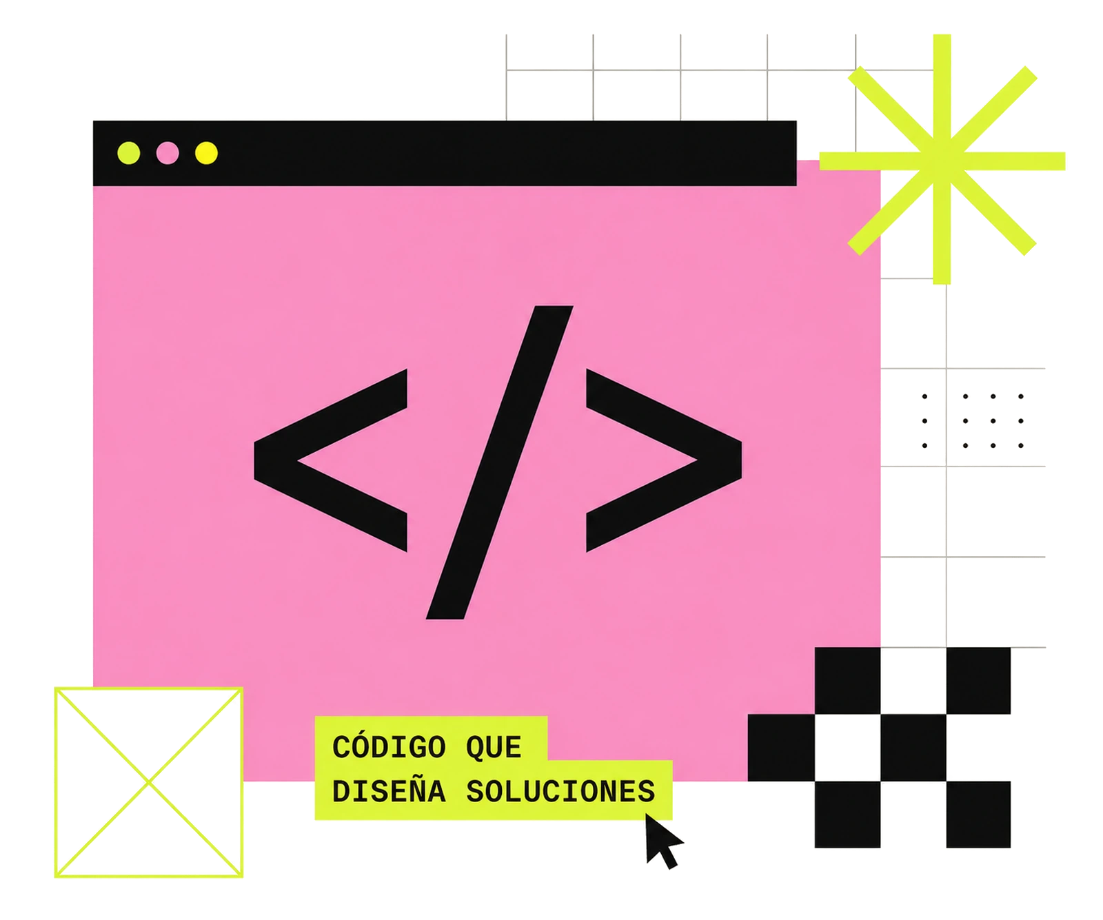 Ilustración de una ventana de navegador rosa con el símbolo de código y el lema código que diseña soluciones