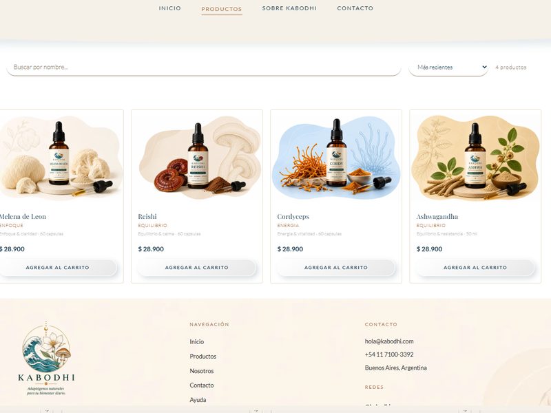 Tienda de Kabodhi con filtros y productos