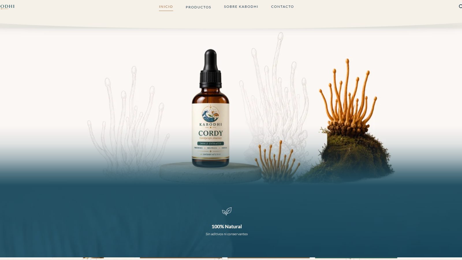 Home de Kabodhi con el producto Cordyceps ilustrado
